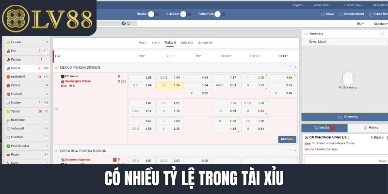 Có nhiều tỷ lệ trong tài xỉu